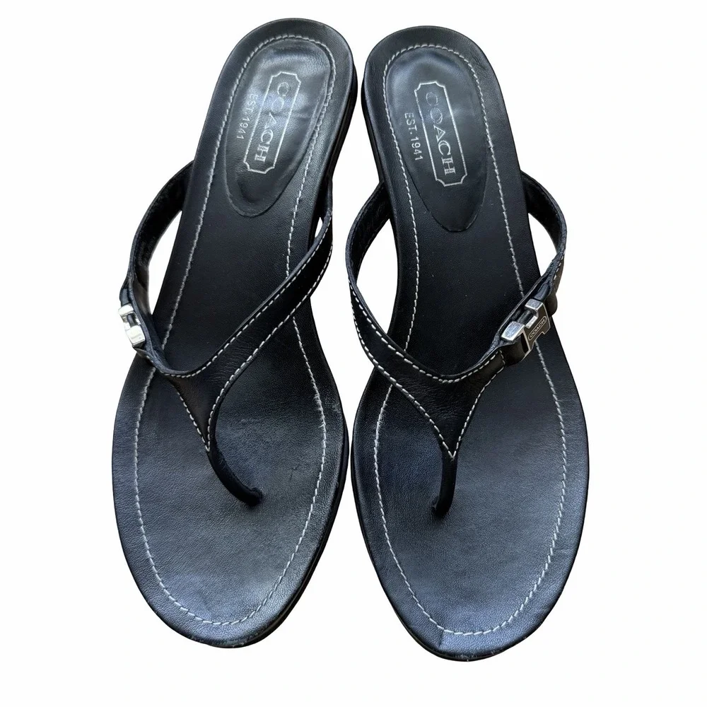 VTG COACH Womens Jane Leather Thong Kitten Heel Sandals US 8 Black Y2K 2000s - Picture 9 of 16